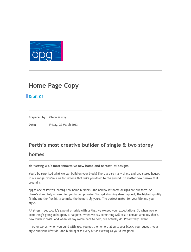 apg Homes: Home page copy for home builder