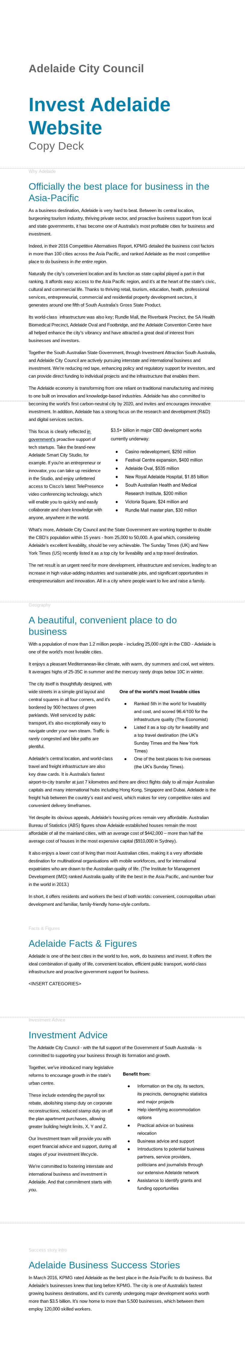 Adelaide City Council: Pitch copy to attract investors