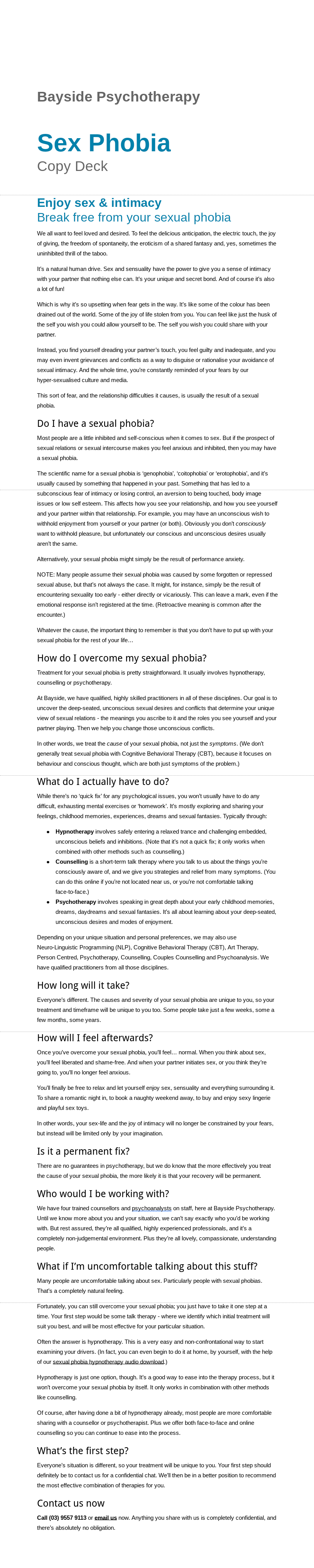 Bayside Psychotherapy: Service copy for psychotherapy clinic