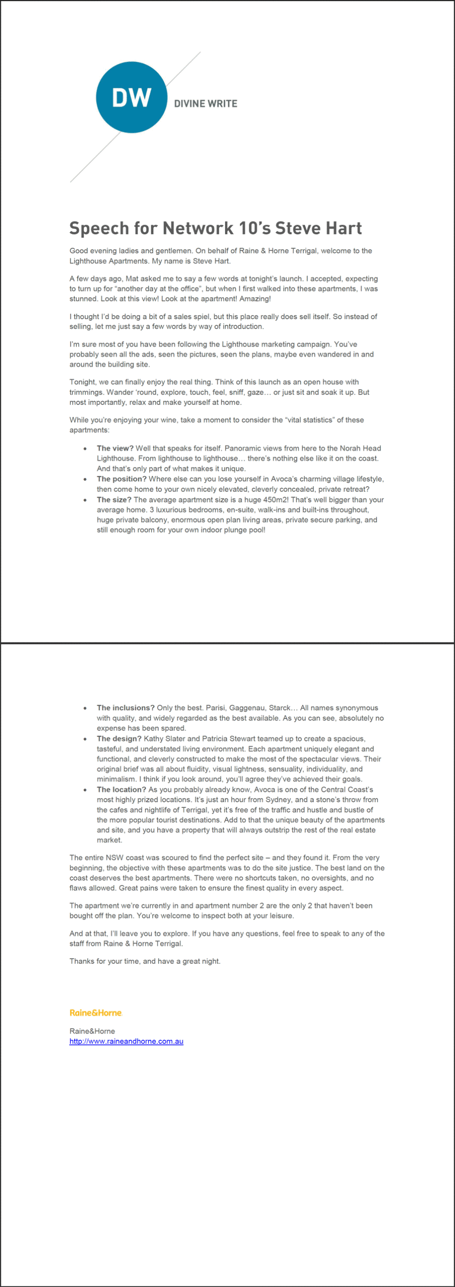 Raine & Horne: Speech written for delivery by Network 10's Steve Hart