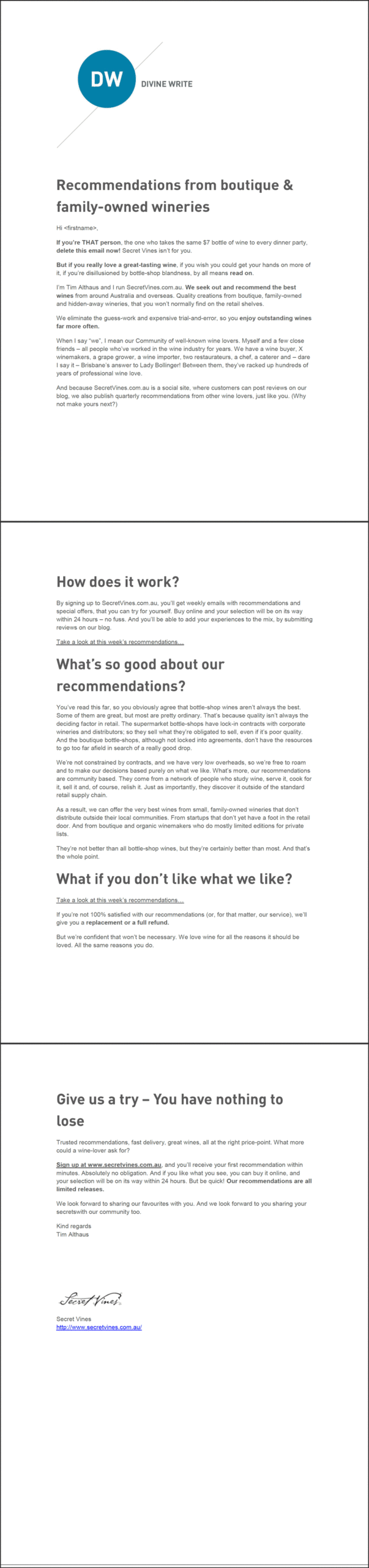 Secret Vines: Sales email for wine recommendations company