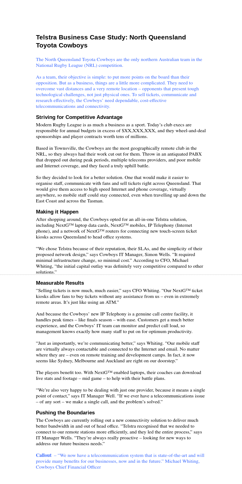 Telstra: NRL case study (telecommunications)
